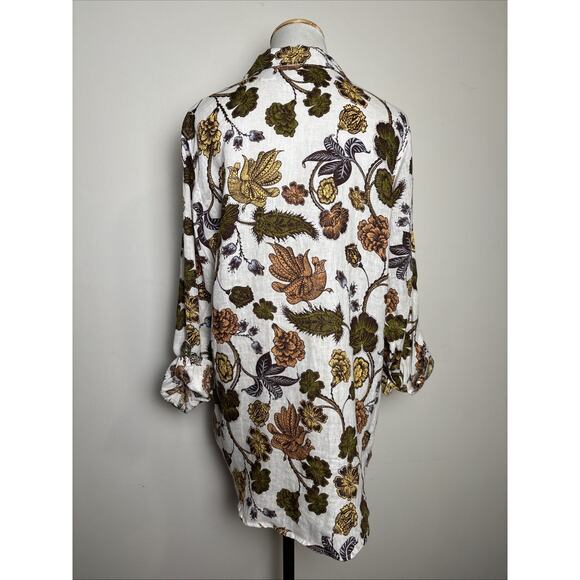Nicole Miller Linen Tunic Blouse Size XL Earthy Floral Bird Print‎ Roll Tab - Picture 2 of 6